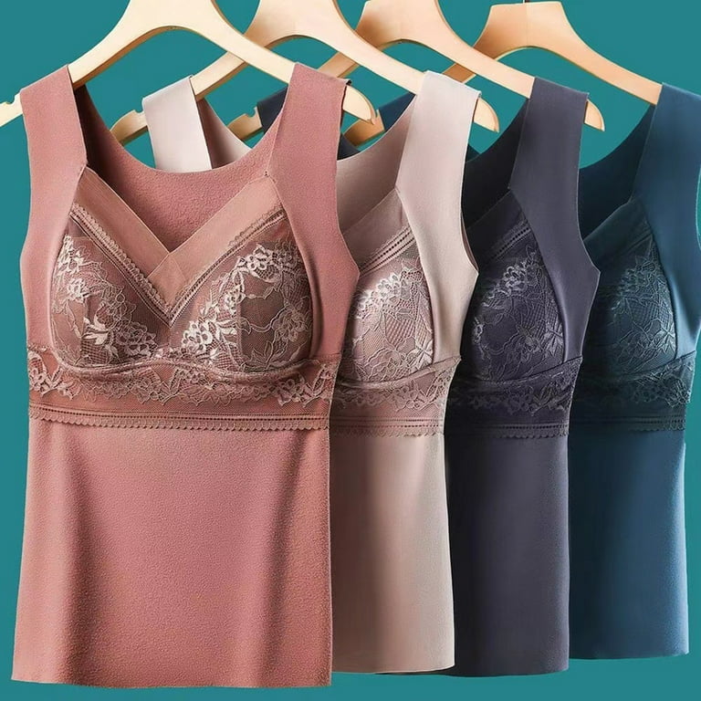 Women's Shapewear Tank Top Thermal Underwear Tops for Women Fleece Lined  Lace V Neck Camisoles with Built-in Bra 