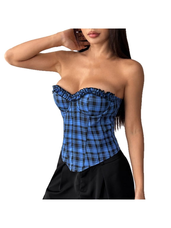 Women's Shapewear Tummy Control Bodysuit Strapless Plaid Pattern Ruched Off Shoulder Tube Top Blue L