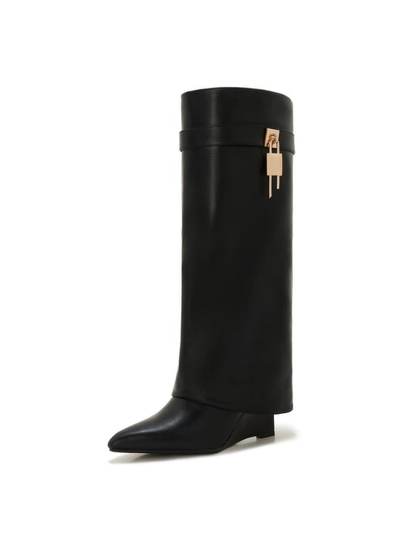 Women's Shark Boots – Fold-Over Knee-High Faux Leather Boots with Side Zipper, Lock Buckle and Wedge Heel Winter Style