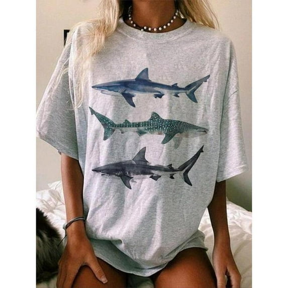 Women's Shark Print Drop Shoulder Tee, Casual Cute Half Sleeve Round Neck T-shirt for Summer, Ladies Top for Daily Wear, 90s Clothes