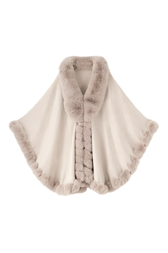 Women's Shawl Cape Coat for Women Faux Fur Trim Layers Poncho Cloak Beige One Size