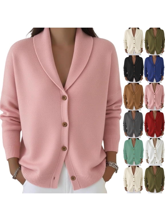Women’s Shawl Collar Button Down Knit Cardigan, Long Sleeve Loose‑Fit Knitted Jacket, Casual Layering Outerwear for Fall Winter Daily Wear S