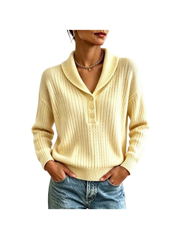 Women's Shawl Collar Cable Knit Sweater, Long Sleeve Relaxed Fit Button Pullover Top for Casual Everyday Wear