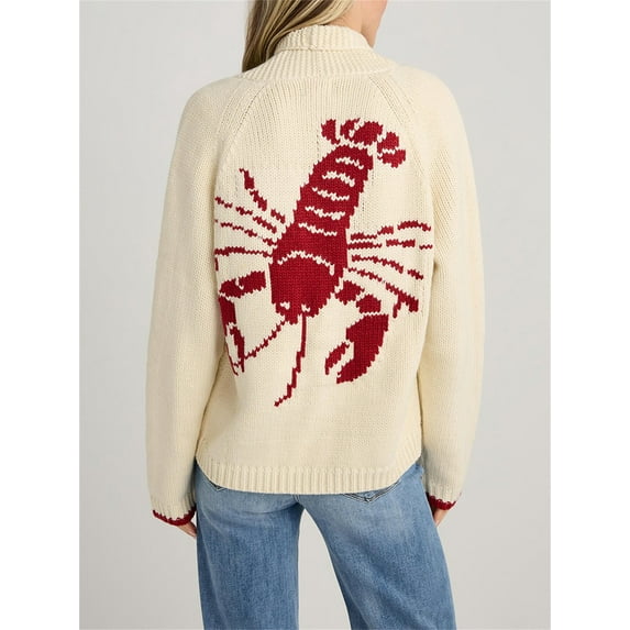 Women's Shawl Collar Cardigan Funny Lobster Graphic Long Sleeve V Neck Sweater Y2K Button Down Warm Jacket Coats