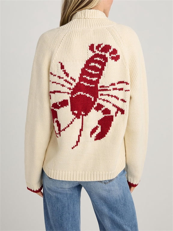 Women's Shawl Collar Cardigan Funny Lobster Graphic Long Sleeve V Neck Sweater Y2K Button Down Warm Jacket Coats