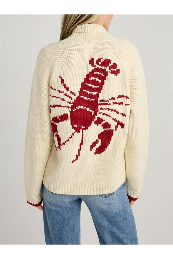 Women's Shawl Collar Cardigan Funny Lobster Graphic Long Sleeve V Neck Sweater Y2K Button Down Warm Jacket Coats