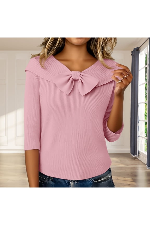 Women's Shawl Collar Knit Top with Bow Decor, Three-Quarter Sleeve Sweater, Solid Color Pullover Blouse, Casual Dressy Knitwear, Spring Autumn Top, Bow Accent Neckline Pink XL