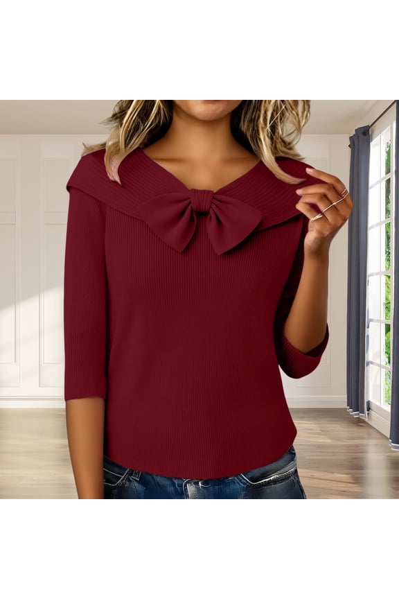 Women's Shawl Collar Knit Top with Bow Decor, Three-Quarter Sleeve Sweater, Solid Color Pullover Blouse, Casual Dressy Knitwear, Spring Autumn Top, Bow Accent Neckline Wine XXXXXL