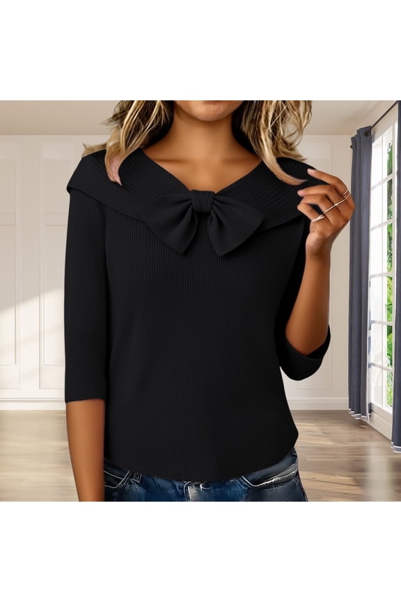 Women's Shawl Collar Knit Top with Bow Decor, Three-Quarter Sleeve Sweater, Solid Color Pullover Blouse, Casual Dressy Knitwear, Spring Autumn Top, Bow Accent Neckline Black L