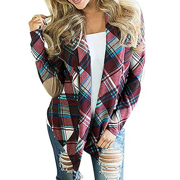 Women's Shawl Collar Plaid Cardigan Long Sleeve Elbow Patch Open Front Kimono Sweater Tops