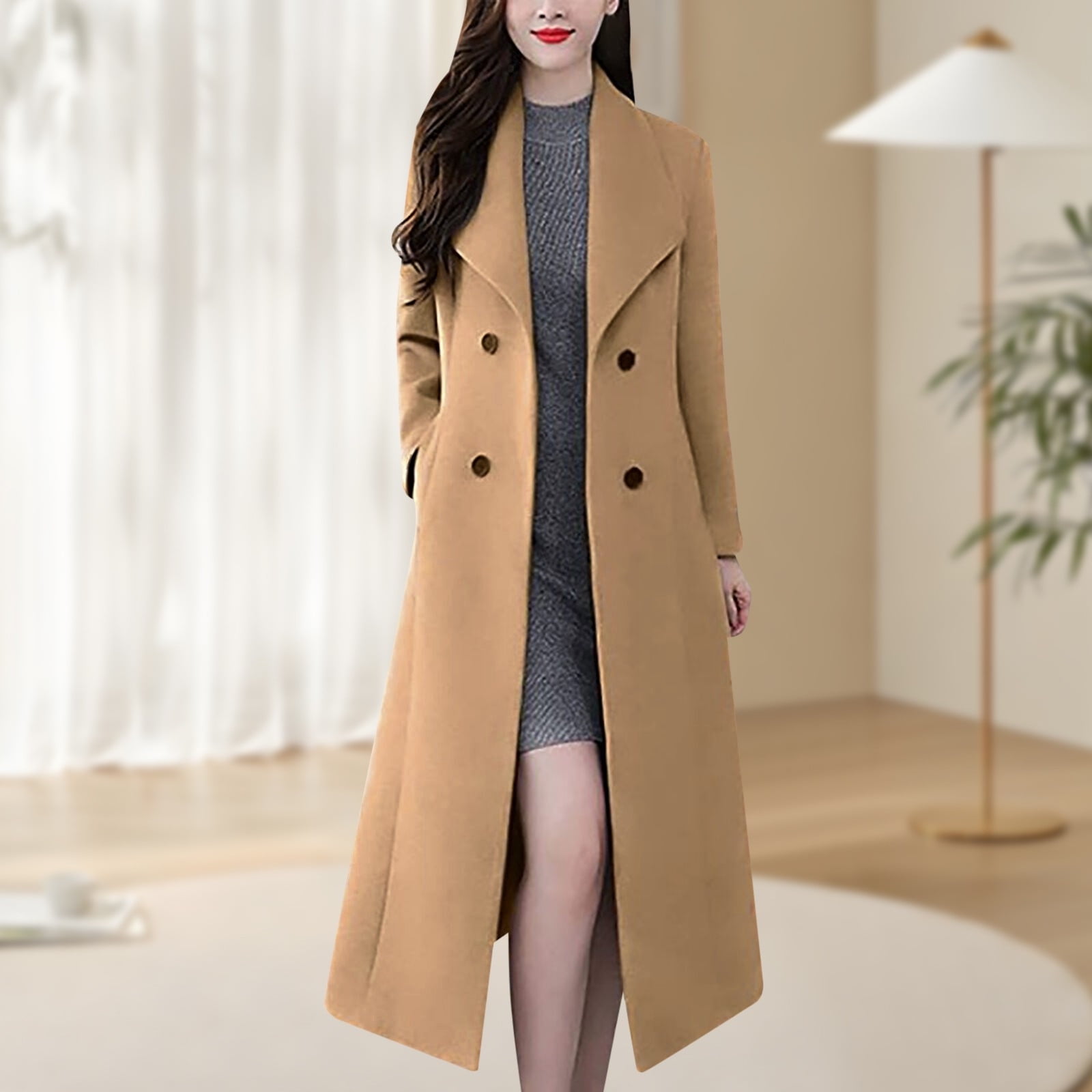 Women's Shawl Collar Work Double Maxi Long Wool Coat Thin Wool