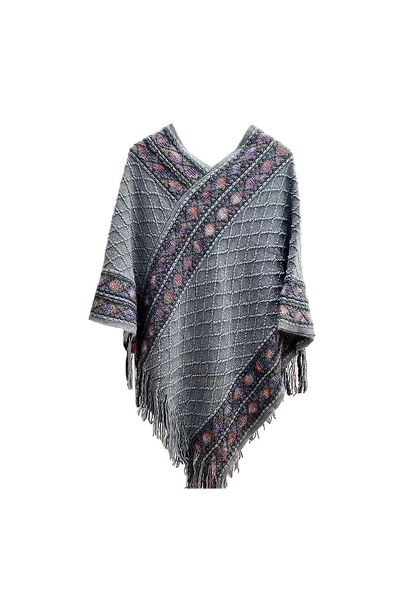 Women's Shawl, Exotic Winter Warm Pullover Tassel Shawl, Boho Poncho Shawl for Various Occasions, Festival, Travel and Evening Wrap, Knitted Cape-Gray