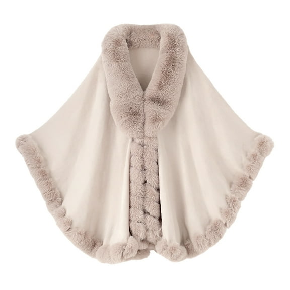 Women's Shawl Faux Fur Trim Cardigan Cloak Shawl Wraps Winter Poncho Oversized Cape Beige One Size