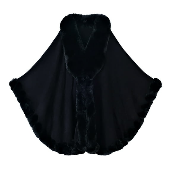 Women's Shawl Faux Fur Trim Cardigan Cloak Shawl Wraps Winter Poncho Oversized Cape Black One Size