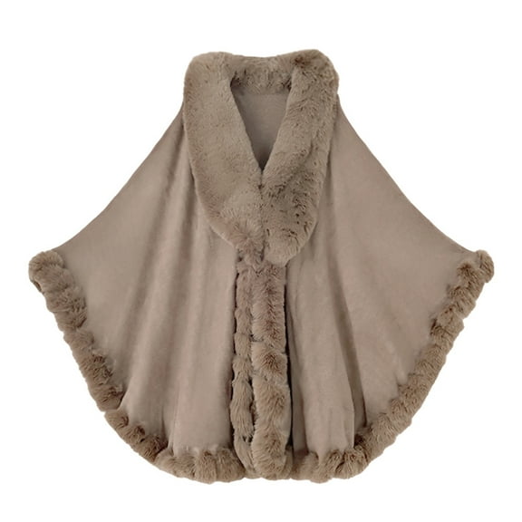 Women's Shawl Faux Fur Trim Cardigan Cloak Shawl Wraps Winter Poncho Oversized Cape Camel One Size