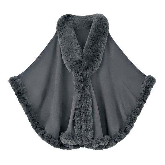 Women's Shawl Faux Fur Trim Cardigan Cloak Shawl Wraps Winter Poncho Oversized Cape Dark Gray One Size