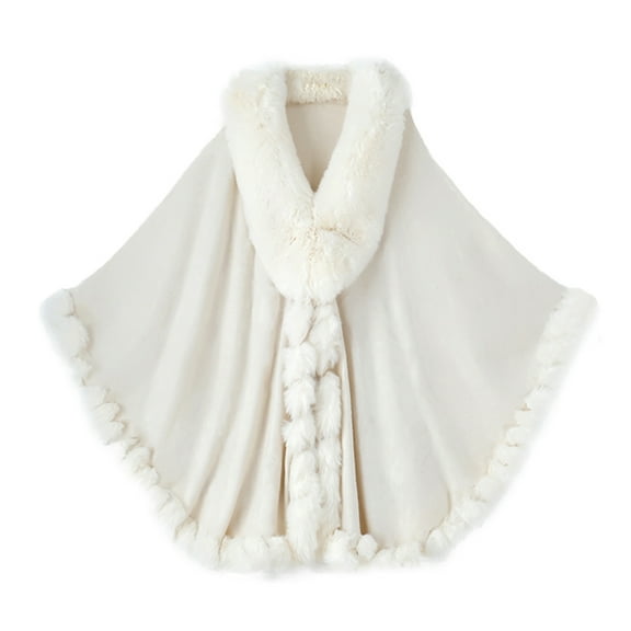 Women's Shawl Faux Fur Trim Cardigan Cloak Shawl Wraps Winter Poncho Oversized Cape White One Size