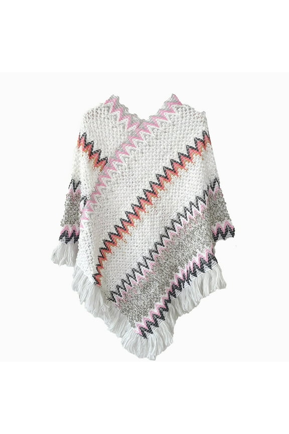 Women's Shawl, National Print Colourful Splice Poncho with Tassels, Knitted Shawl Scarf Fringed Sweater Cape, Boho Chic Wrap Cloak for Fall Winter and Music Festival-Gray