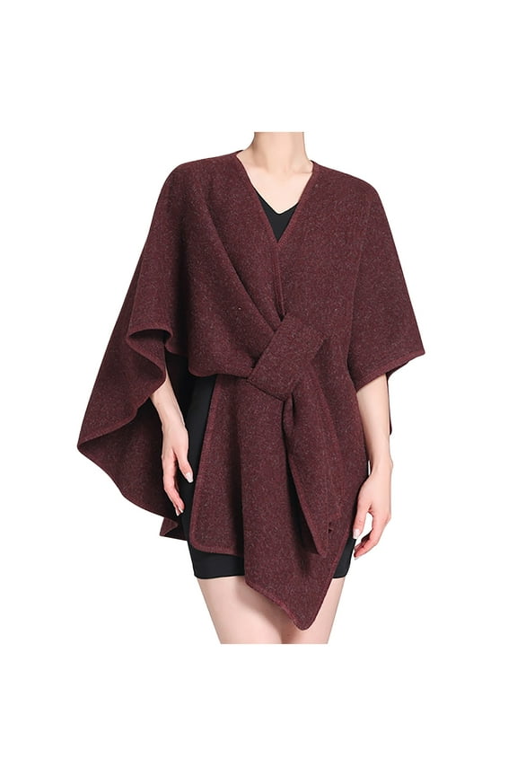 Women's Shawl Wrap Cardigans Cape Solid Fleece Neck Open Front Cardigan Shawls Winter Warm Coats for Wedding Party(Wine,Free Size)