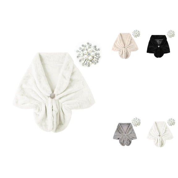 Women's Shawl Wrap Stole with Pearl Rhinestone Brooch Pin, Bridal Long Shrug Cape Winter Warm Scarf for Wedding Party