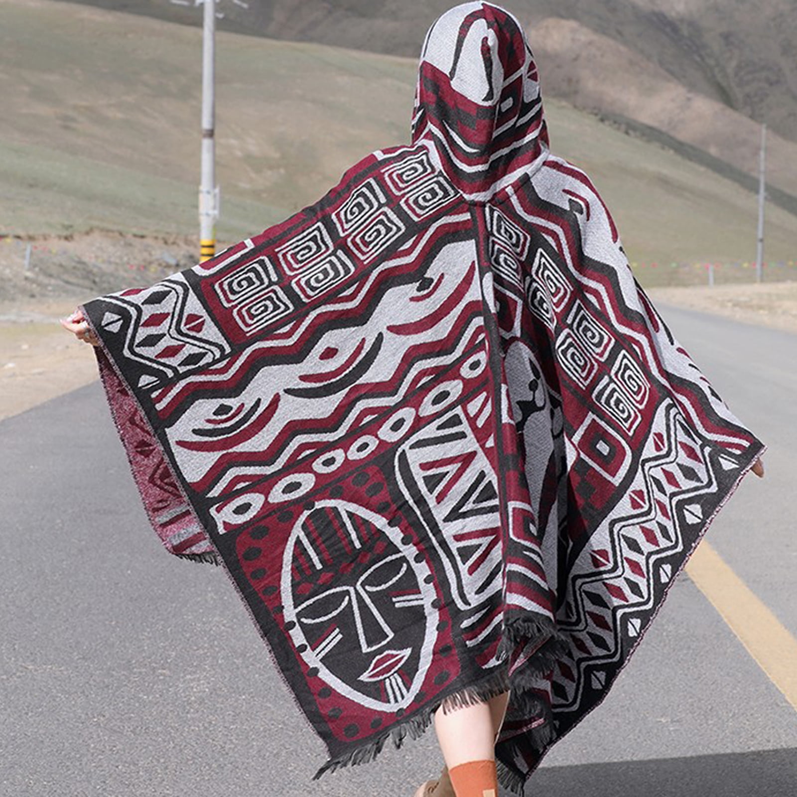 Red Beige Lace Tassels Poncho Cape Wrap Shawl