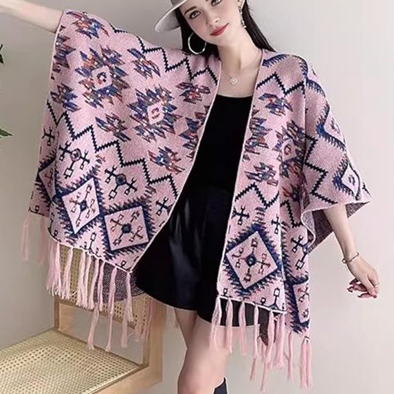 Women's Shawl Wrap with Tassel Open Front Retro Poncho Cape for Fall Winter (Triangle Pink)