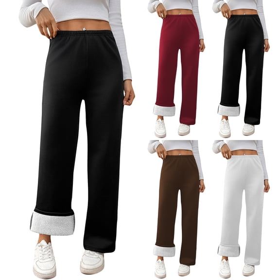 Women's Shearling-Lined Fleece Wide-Leg Thermal Pants for Winter with Thickened Casual Outerwear, Designed for Comfort and Warmth, Perfect for Daily Outings, Holidays, and Cold Weather,Black,S