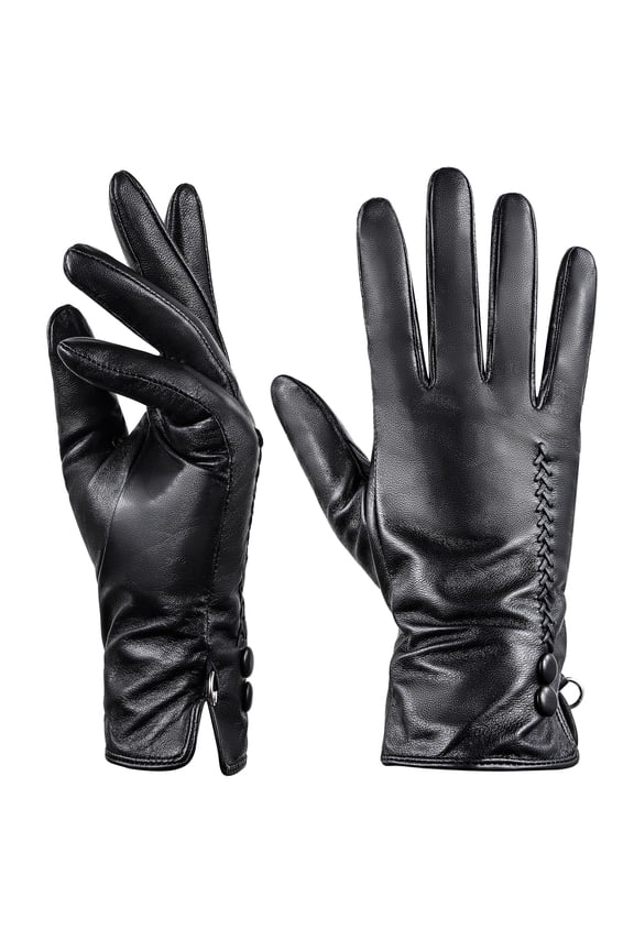 Women's Sheepskin Leather Gloves, Wool-Lined Thermal Winter Gloves, Touchscreen Compatible Driving Gloves, Adjustable Wrist Strap, Black - Size M