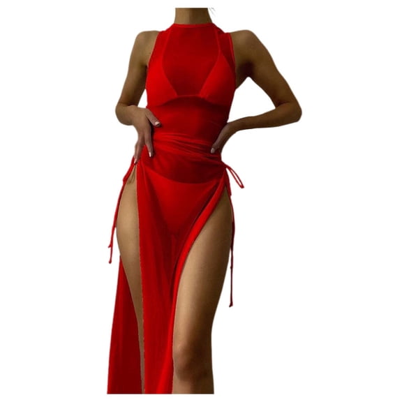 Women's Sheer Beach Cover Up Sleeveless Round Neck With Drawstring Solid Color Transparent Long Bikini Swimsuit Smock Cleavage Cover up for Dress Swimsuit Cover up Dress Hot Water Heater Cover up