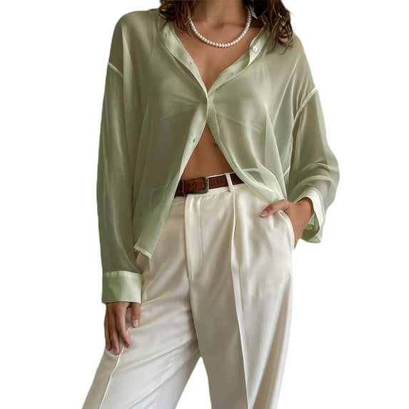 Women’s Sheer Button Up Shirt Y2K See Through Long Sleeve Lapel V Neck Mesh Shirts Top Vintage Loose Blouse Streetwear