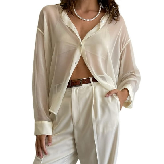 Women’s Sheer Button Up Shirt Y2K See Through Long Sleeve Lapel V Neck Mesh Shirts Top Vintage Loose Blouse Streetwear