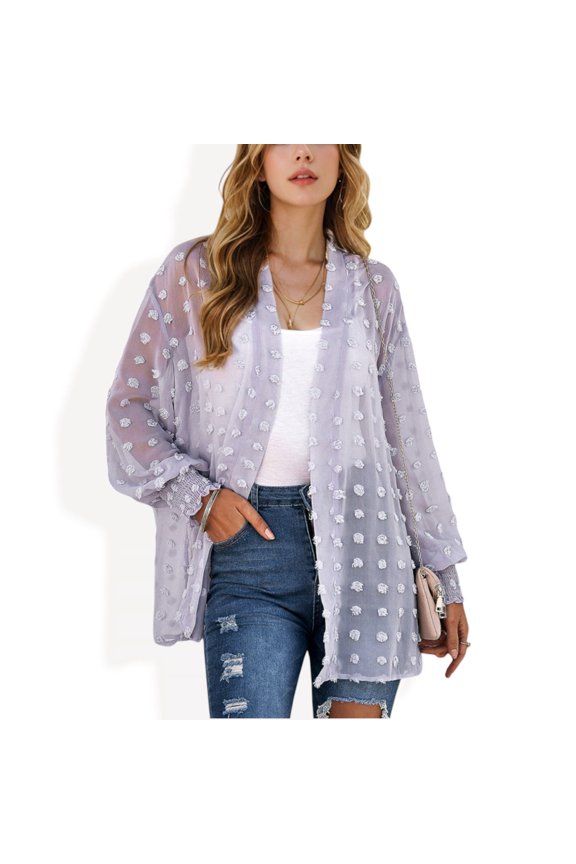 Women's Sheer Chiffon Duster with Textured Floral Design - Medium, Light Purple