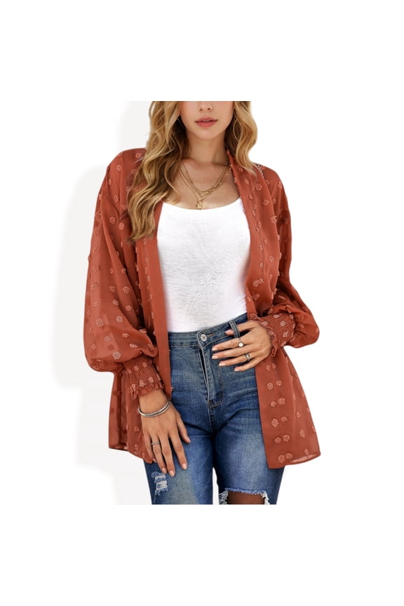 Women's Sheer Chiffon Duster with Textured Floral Design - Small, Beige