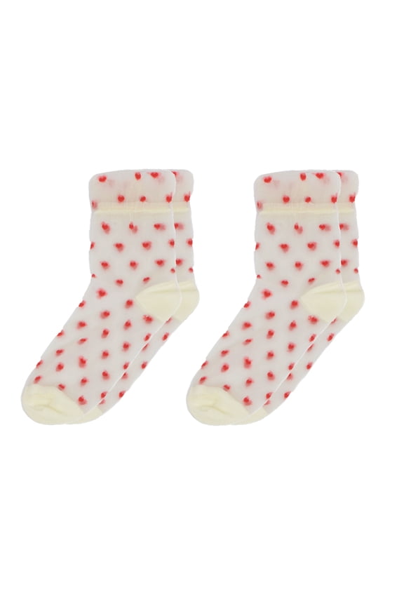 Women's Sheer Crew Socks with Flocked Heart Pattern and Reinforced Toe and Heel 2-Pack - One Size Fits Most, Red