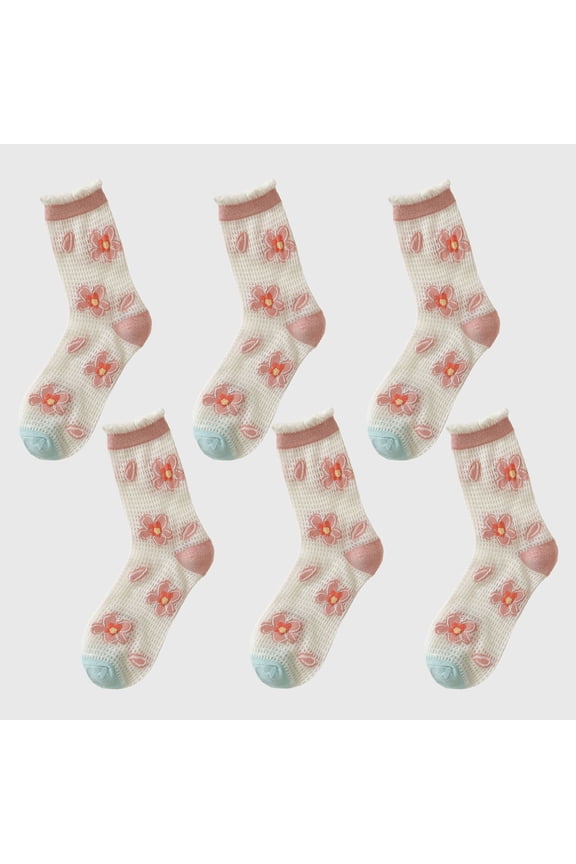 Women's Sheer Floral Embroidered Ankle Socks with Ruffle Cuff 6Pk - Red