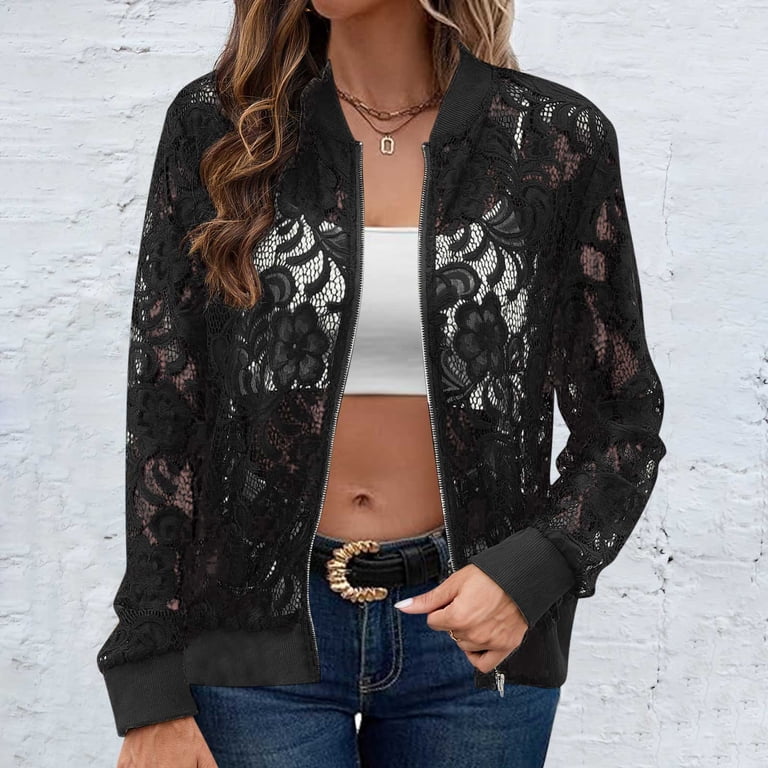 Women's Sheer Floral Lace Long Sleeve Zip up Bomber Baseball