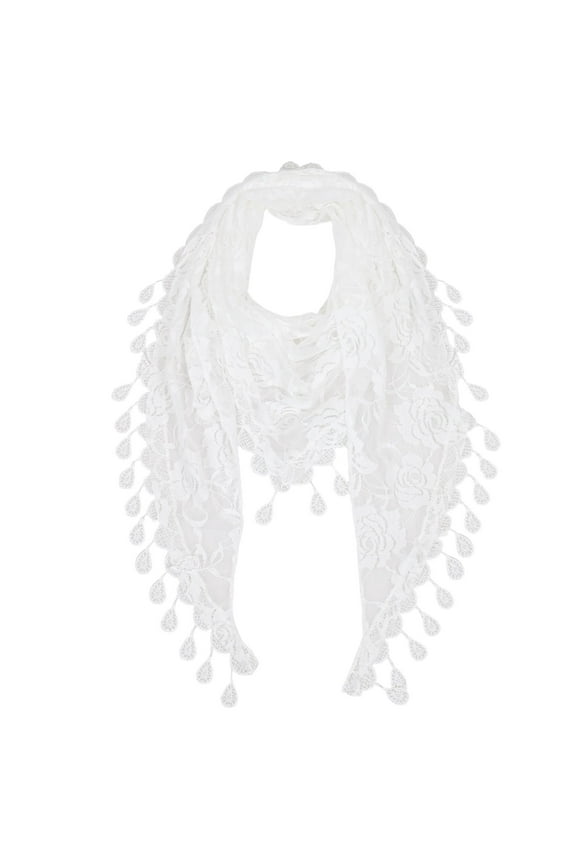 Women's Sheer Floral Lace Triangle Mantilla Scarf Lightweight Tassel Shawl Wrap Head Scarf- White