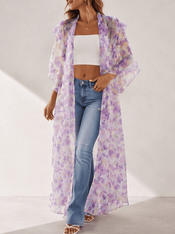 Women's Sheer Floral Long Duster Cardigan, Open Front with Wide Ruffled Sleeves