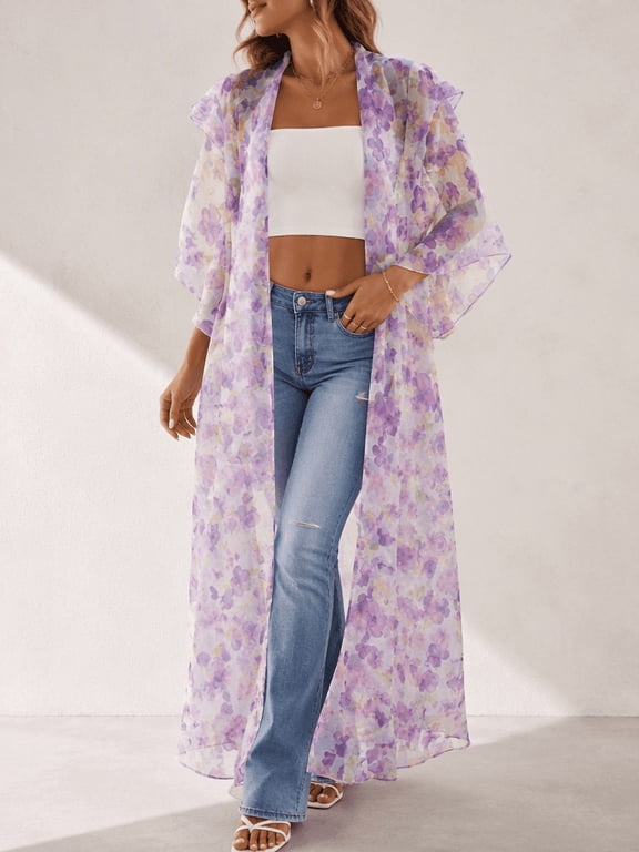 Women's Sheer Floral Long Duster Cardigan, Open Front with Wide Ruffled Sleeves