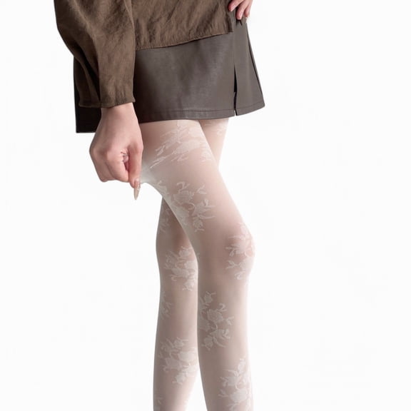 Women's Sheer Floral Pattern Tights Mesh Legwear with Subtle Texture - One Size Fits Most, White