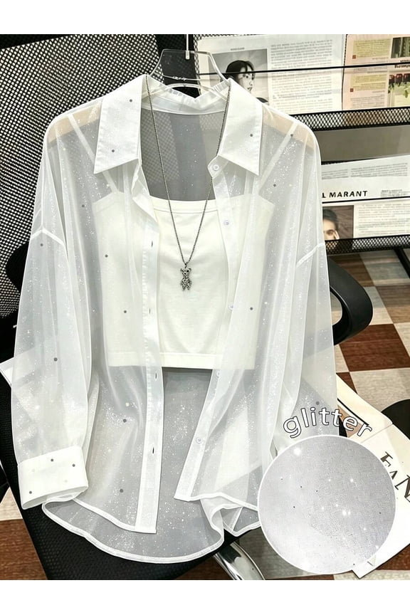 Women's Sheer Glitter Blouse, Collared Button Down Long Sleeve Shirt, Loose Fit Shiny Mesh Top, Sexy Layering Party Going Out Wear