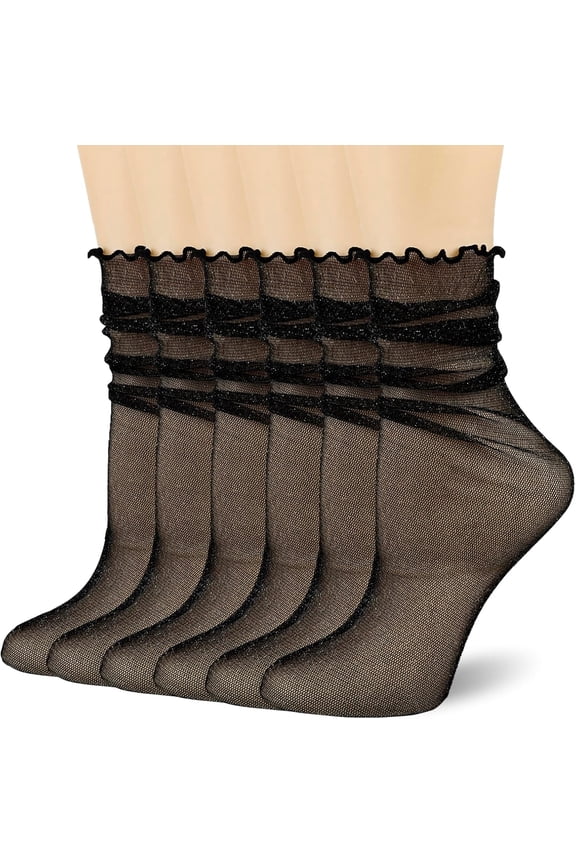 Women's Sheer Glitter Socks Ruffle Frilly Sparkle Shiny Slouch Socks Soft Tulle Fashion Party Socks Girls Gift 3Pack