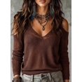 thumbnail image 1 of Women's Sheer Knit Top V-Neck Cold Shoulder Cutout Shoulder Long Sleeve Loose Fit Pullover for Fall Winter Layering Boho Vacation Daily Outfits, 1 of 8