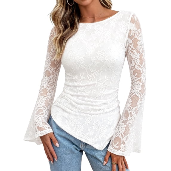 Women's Sheer Lace Flare Long Sleeve Ruched Side Asymmetric Hem Top White M