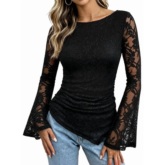 Women's Sheer Lace Flare Long Sleeve Ruched Side Asymmetric Hem Top
