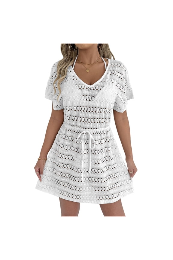 Women's Sheer Lace Vacation Dress with Drawstring Waist and Bow Tie, Beach Wedding Dress, Resort Wear, Feminine Design for Summer Holidays,White M