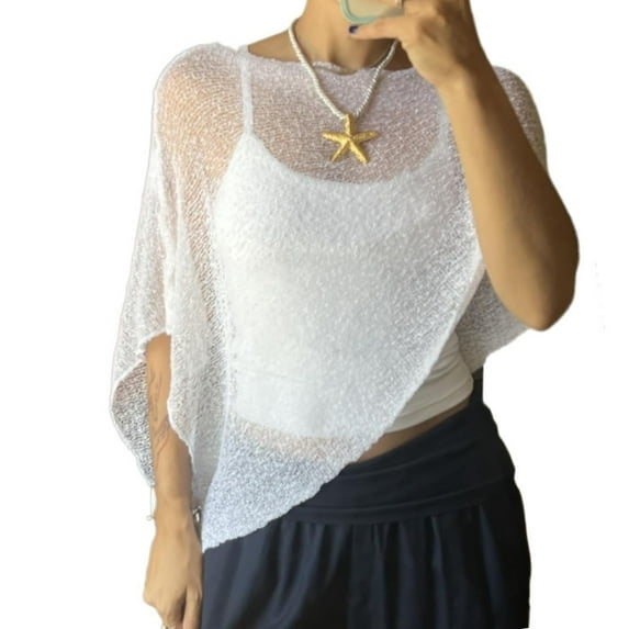 Women's Sheer Mesh Beach Poncho Shawl, Lightweight Crochet Knit Cover Up for Summer Travel Resort Wear Boho Style Cover-Up