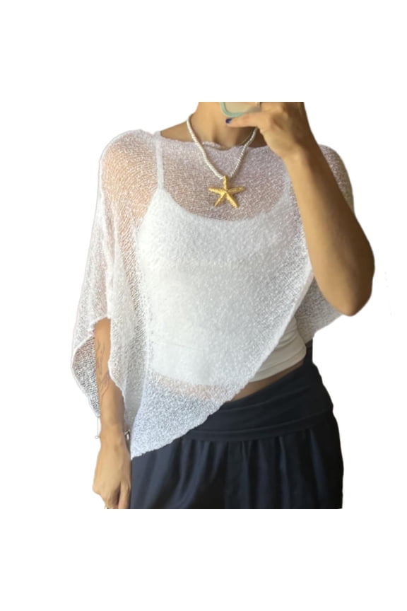 Women's Sheer Mesh Beach Poncho Shawl, Lightweight Crochet Knit Cover Up for Summer Travel Resort Wear Boho Style Cover-Up