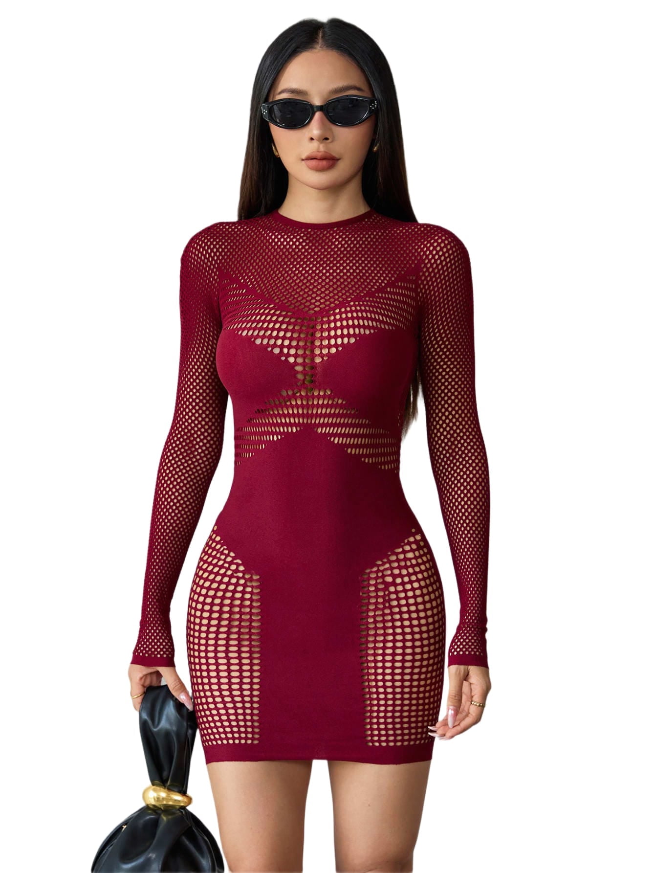 long sleeve fishnet mini dress Womens Ladies Long Sleeve Fish Net Party Beach Bodycon Mini Dress Netted Tops