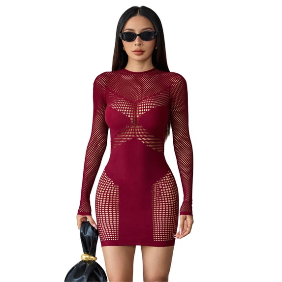 Women’s Sheer Mesh Bodycon Mini Dress, Long Sleeve Fishnet Cutout Party Club Dress